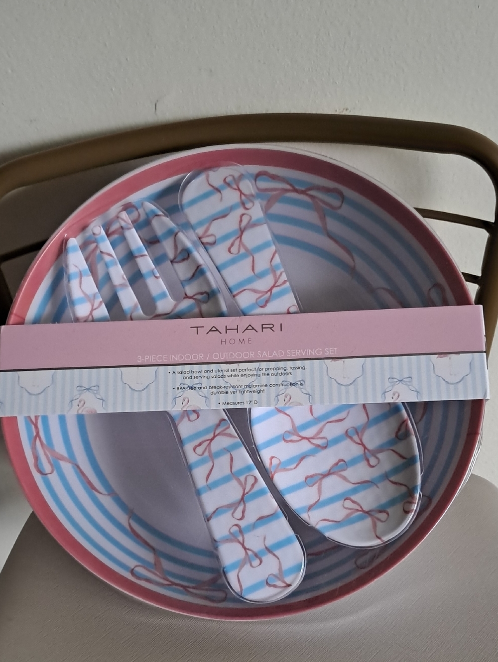 Tahari Pink and Blue Striped Salad Serving Set
